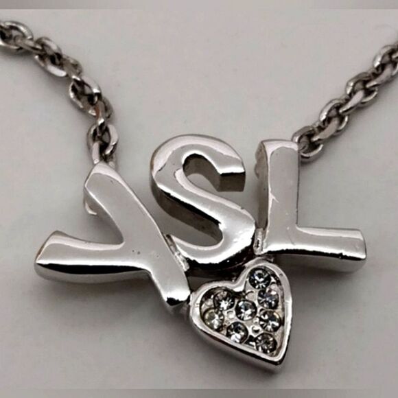 YSL Yves Saint Laurent Rhinestone Heart Silver Necklace Choker Jewelry Authentic - Picture 1 of 15